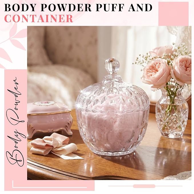 Tioncy 2 Pcs Extra Large Dusting Powder Puff and Container for Women-6'' Glass Crystal Dusting Powder Container Soft Washable Reusable Velour Face(Clear,Apple)