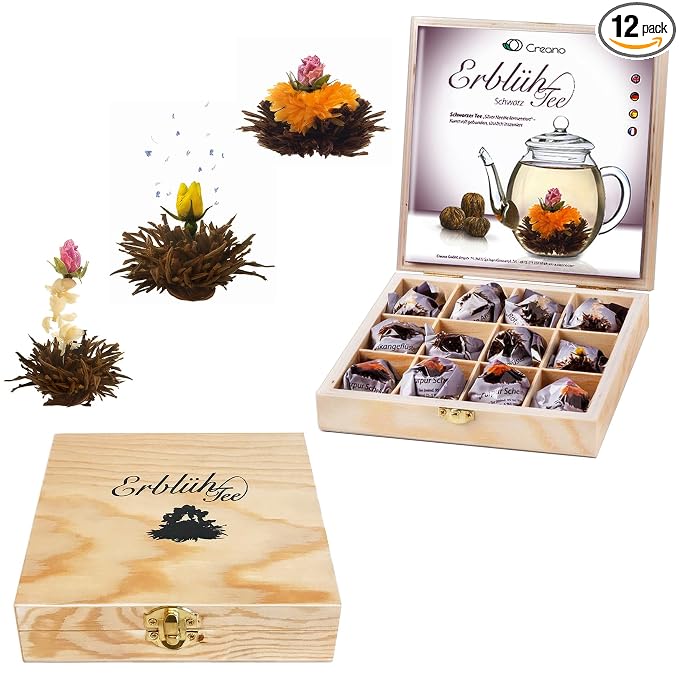 Creano Abloom Tea - Blooming Gift Set in Wooden Box - 12 Pieces in 3 Variations, Black