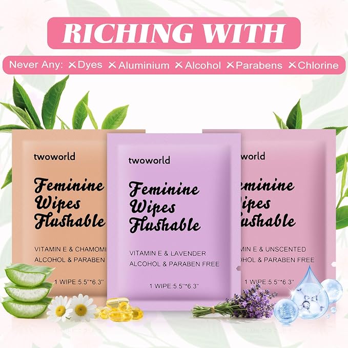 twoworld 150 Feminine Wipes Individually Wrapped,Flushable Wipes Travel | Feminine Care Vaginal Wipes for Adult,Women,Girl and Homeless (Unscented,Lavender and Chamomile)