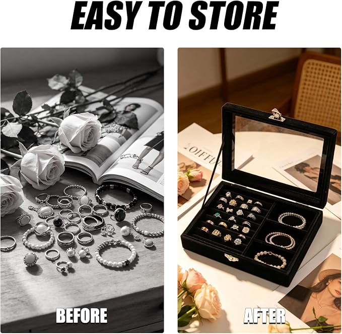 Small Velvet Jewelry Tray with Clear Lid, 2-in-1 Black | Lockable Ring Earring Holder Organizer Storage Box Case Jewelry Box Organizer for Rings Earrings Bracelets Brooches