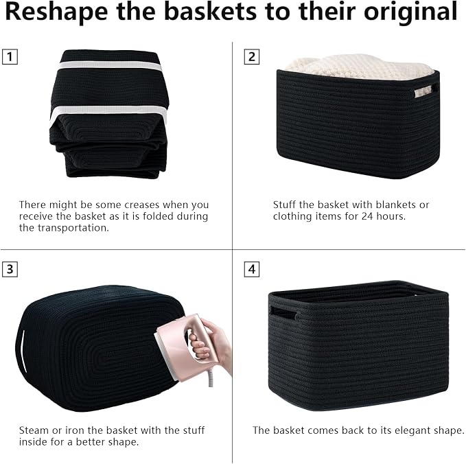 OIAHOMY 4 Pack Storage Baskets for Organizing, Cube Storage Bins for Shelves, Rectangle Storage Baskets With Handles, Woven Baskets for Storage, 16''Lx12''Wx8''H, Black