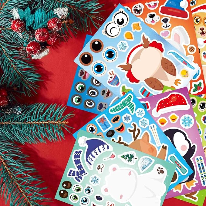 24 Sheets Winter Stickers for Kids Toddlers, Make-a-face Stickers Make Your Own Winter Animal Stickers, Winter Holiday Gifts Christmas Party Decorations Supplies