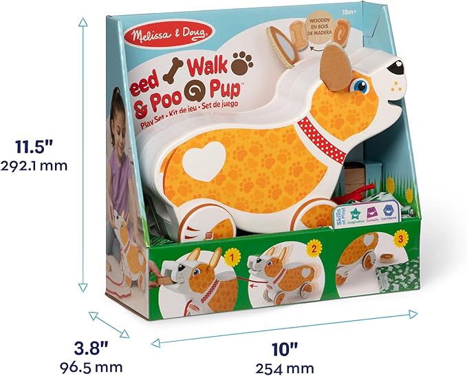 Melissa & Doug Feed, Walk & Poo Pup Wooden Preschool Pull Toy Play Set Ages 3+ - FSC Certified