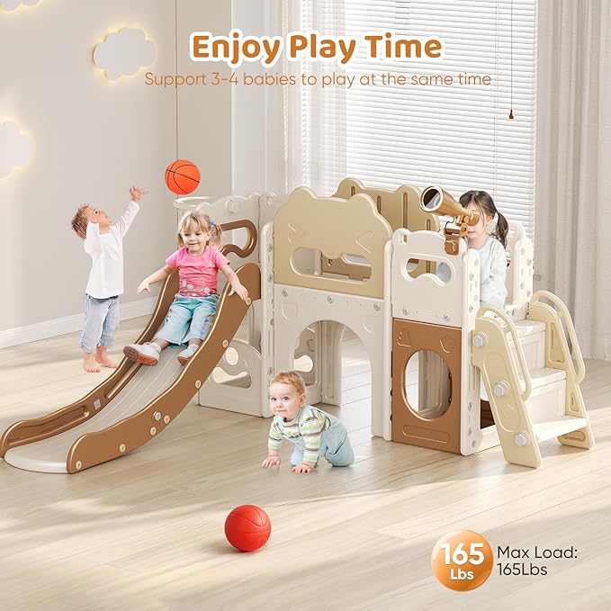 Toddler Slide Indoor, 8 in 1 Indoor Playground for Kids 1-3 Toddler Playset with Climber, Basketball Hoop, Tunnel and Storage Space Kids Outdoor Slide Playset (Coffee)