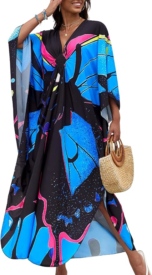 ChiaoLezhee Print Moo-Moos for Women, Kaftan Cover-Up Dresses, Sexy V-Neck High-Slit, Beach Pool-Party Coverups Muumuu Plus