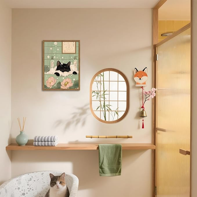 Funny Japanese Black Cat Bathroom Wall Art, Cute Black Cat in Bathtub Wall Decor Picture, Whimsical Japan Animal Bathroom Poster Canvas Prints Painting Artwork 12x16 inch Framed