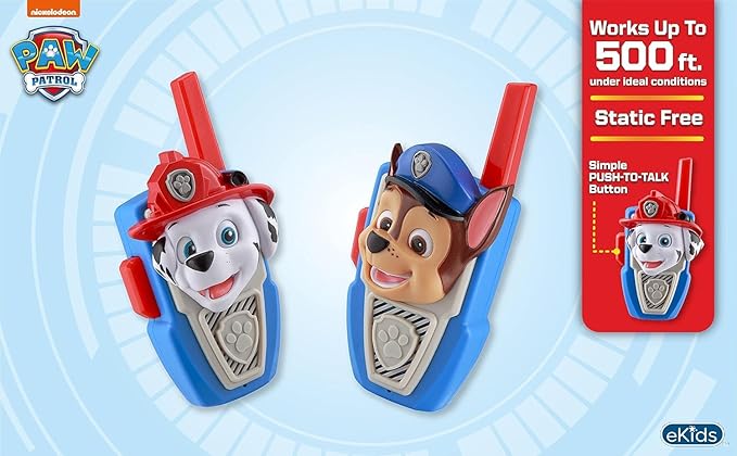 eKids Paw Patrol Chase Marshall Walkie Talkies for Kids, Static Free and Extended Range, Indoor and Outdoor Toys (Chase Marshall)