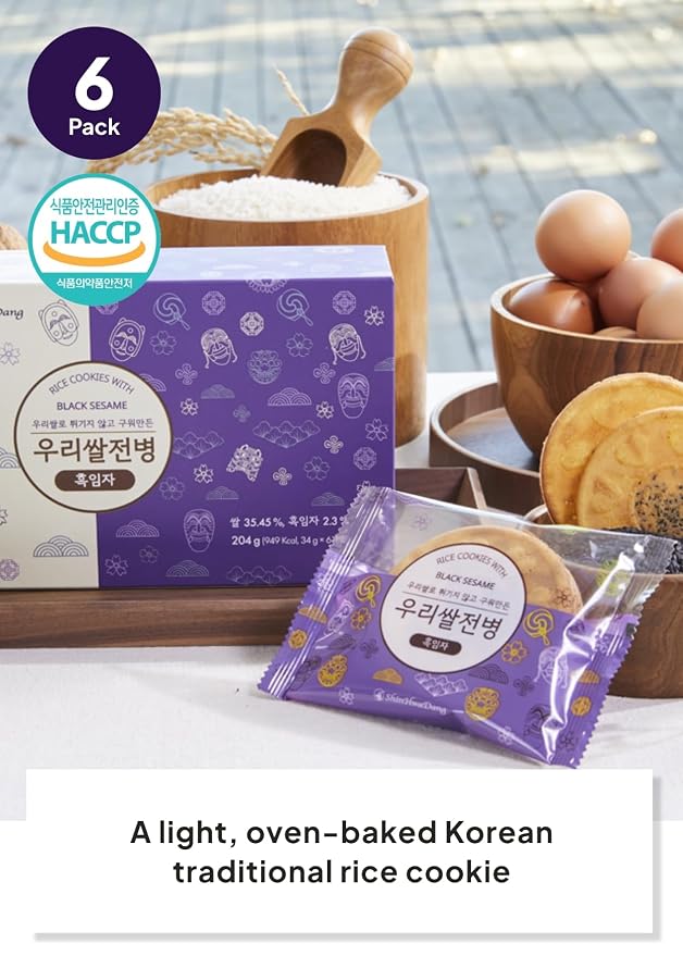 Korean Food Shinwhadang Rice Wafer Snacks, Black Sesame, Crispy, 6Pk | Oven-baked Korean rice crackers with black sesame flavor and a light, crispy texture