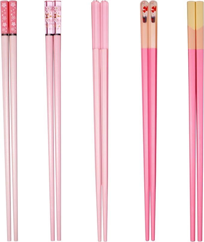 5 Pairs Pink Fiberglass Chopsticks Japanese Korean Chopstick Reusable Non-Slip Dishwasher Safe, 9.6 Inches Long, 5 Patterns