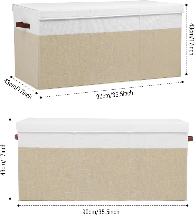 Extra Large Toy Storage Box with Lid,Toy Chest Bin Basket with Dividers | Sturdy Toy Organizer Bin for Kids, Boys, Girls, Nursery, Closet, Bedroom, Playroom 35.5"x17" x17" (Beige and White)