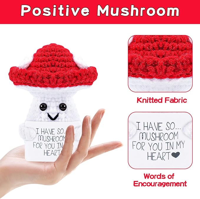 Hoedia Handmade Emotional Pickle Gift, Cucumber Crochet Doll Inspirational Gifts with Cards, Cute Knitted Funny Support Pickle Potato Friend Birthday (Emotional Mushroom)