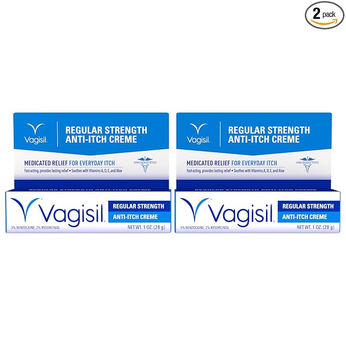 Vagisil Regular Strength Anti-Itch Feminine Cream for Women, Gynecologist Tested, Hypoallergenic, Fast-acting and Long-lasting Itch Relief, Vaginal Moisturizer Soothes and Cools, 1 oz (Pack of 2)