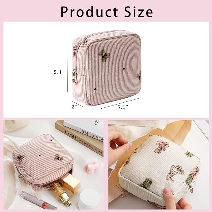 uekeboag 2Pcs Cute Small Soft Corduroy Zipper Makeup Bag for Purse, Coquette Aesthetic Pouch with Bear Pattern for Women Girls, Kawaii Travel Cosmetic Bags（Pink Set）
