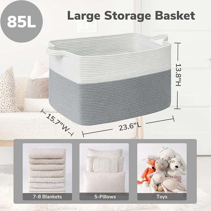 Goodpick 85L Large Woven Rope Blanket Basket, Rectangle, White Gray | 23.6'' x 15.7'' x 13.8'' Storage Basket for Blankets & Pillows, Living Room & Bedroom Organization, Reinforced Handles