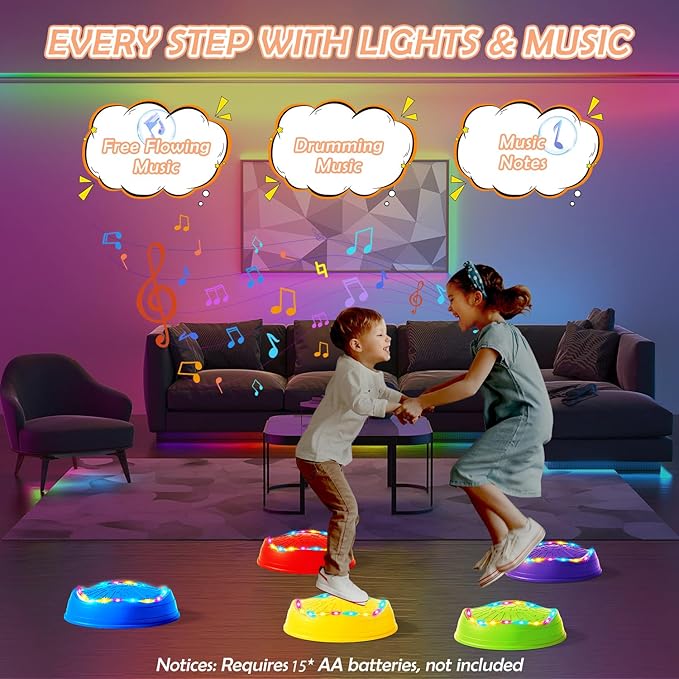Music Light Up Stepping Stones for Kids Toddler - 5PCS Non-Slip Stackable Plastic Sensory Stepping Stones, Preschool Obstacle Course Balance Board Game, Gross Motor Energy Toys for Indoor Outdoor