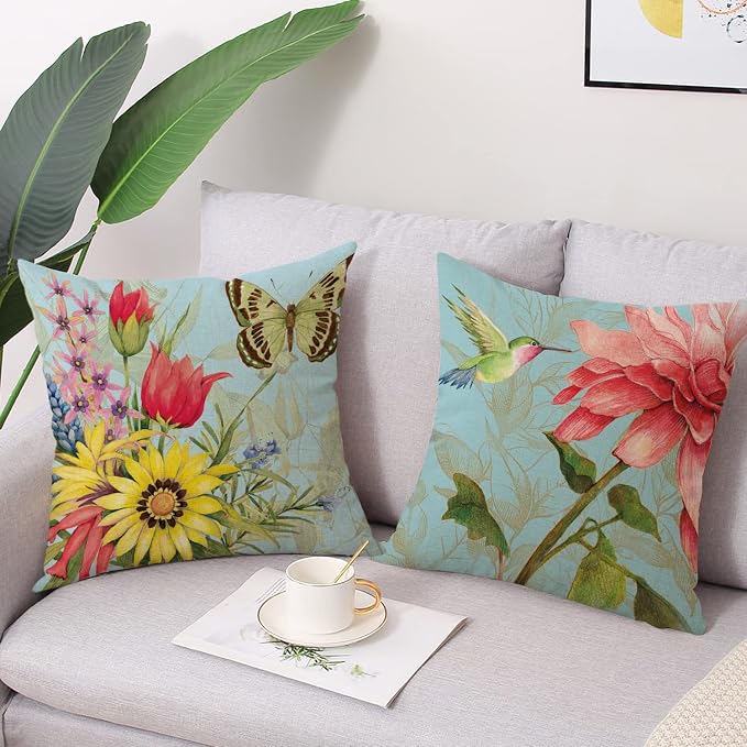 wyooxoo Spring Summer Pillow Covers 20x20 Set of 4 Decorative Throw Pillow Covers Linen Flower Butterfly Farmhouse Pillowcases for Sofa Couch Living Room Outdoor