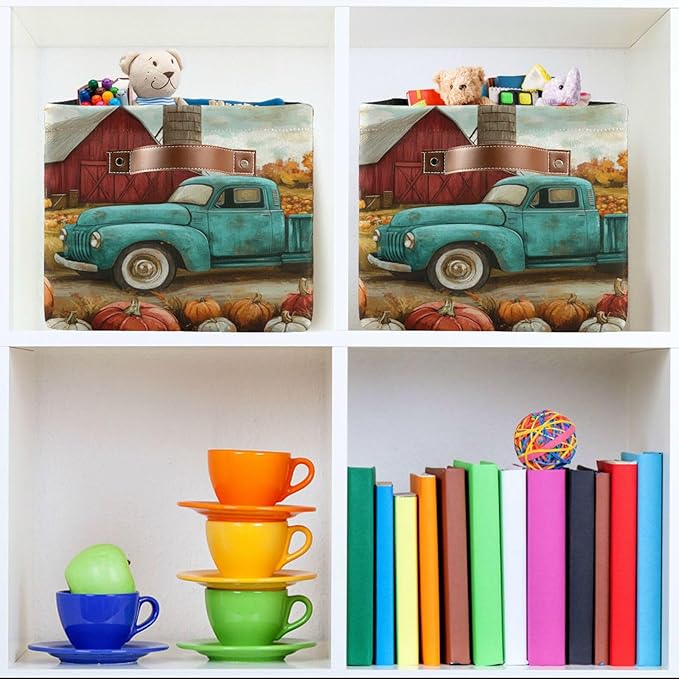 Aslsiy Storage Basket Autumn Pumpkins Truck Maple Nursery Bins Fall Tree Baby Box Canvas Clothes Shelf Basket Laundry Hampers 2 Pcs