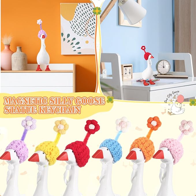 Geyoga 6 Pcs Mini Knitted Hats 7 Inch Goose Outfits Hat with Adjustable Strap Mini Porch Goose Headwear for Statue Key Holder