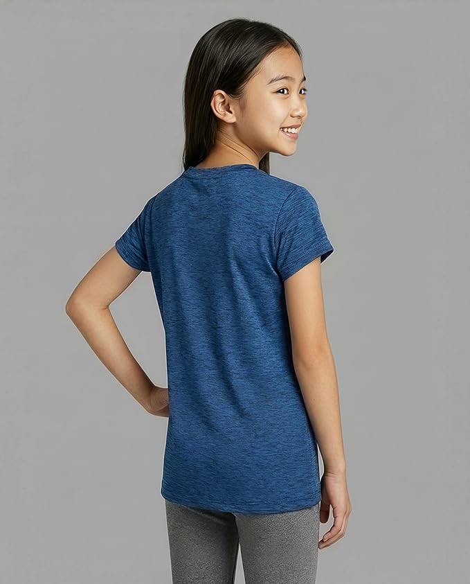 Real Essentials 5 Pack: Girls' Short Sleeve Dry-Fit Athletic T-Shirt - Active Gym Crew Neck Tops for Teens Kids (Ages 4-16)