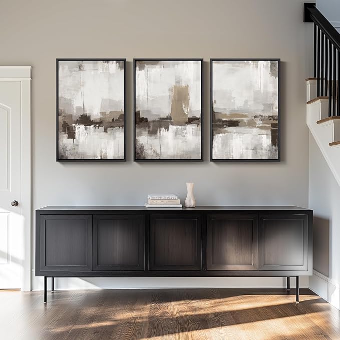 Large Framed Neutral Abstract Wall Art for Living Room, 3 Piece Modern Canvas Prints Paintings Artwork for Walls-Tan Beige Brown Minimalist Pictures for Living Room Hallway Bedroom Wall Decor 24x36 In