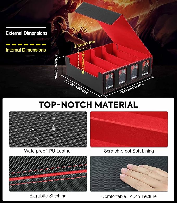 MoKo Card Storage Box for Trading Cards, 3000+ MTG Deck Box with 24 Colorful Dividers & 4 Card Supporters, Commander Card Deck Case with Display Window, Fits for Magic Game Cards, YugiOh, Black Red