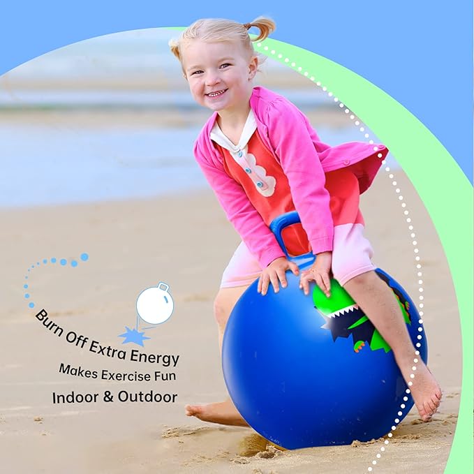 ZOOJOY Hopper Ball, Hopping Toys for Kids, 18inch Bouncy Ball with Handle for Boys Girls Aged 3-8, Inflatable Dinosaur Bounce Hopper Toy with Pump