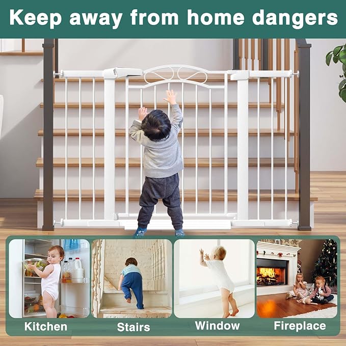 Fairy Baby 76.4"-81.8" Extra Wide Baby Gate Indoor for Stairs, Pressure Mounted Long Dog Gates for Doorways Walk Thru No Drill Pet Gates Child Safety Gate, White