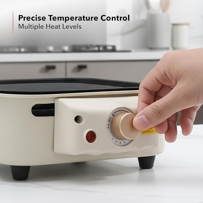 OVENTE 2-in-1 Electric Indoor Grill Non-Stick Cooking Plate, Beige BQR1502B | 1500W Smokeless Korean BBQ Griddle with, 3 Raclette Cheese Pans, Adjustable Temperature Control, Dishwasher Safe