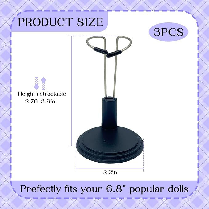 Adjustable Doll Stand - Universal Display Holder for 4-8" Dolls, Action Figures & Plush Toys Creative Storage Stand for Keep your Doll in a standing position (Black, 3PC)