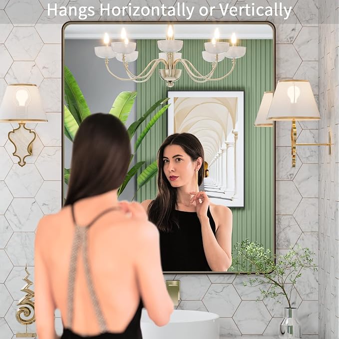 LOAAO 30"X36" Bronze Bathroom Mirror | Rounded Rectangle, Brushed Bronze Metal Frame, Anti-Rust, Tempered Glass, Hangs Horizontally or Vertically