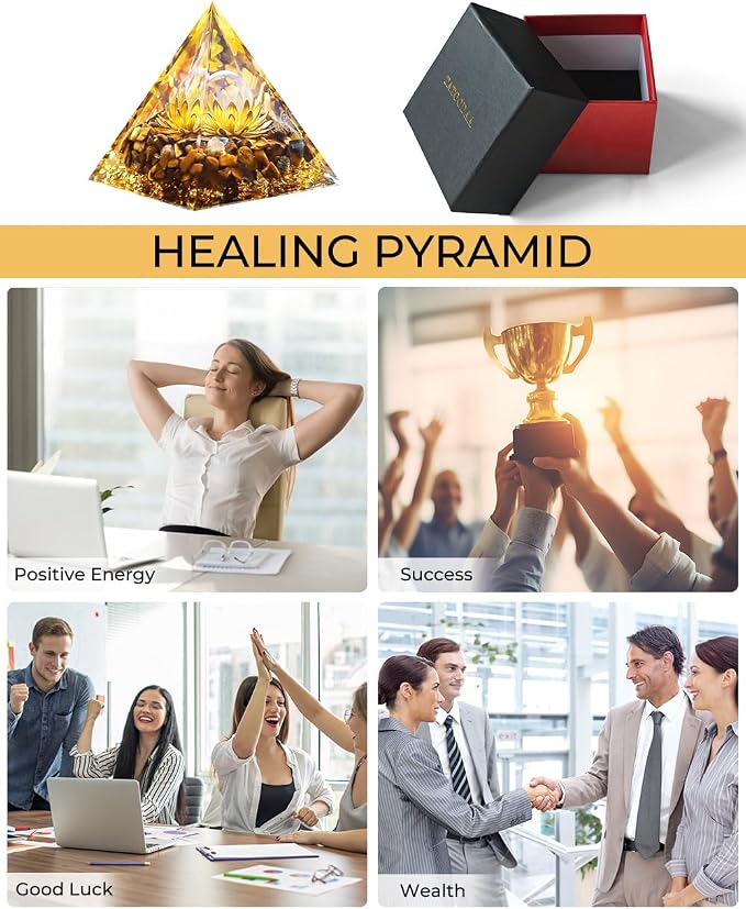 Orgone Pyramid with Healing Crystals - (Flower of Life) - Energy Generator for Positive Vibe, Stress Relief & Chakra Reiki Meditation - Spiritual Gift for Success, Wealth & Prosperity (Golden)