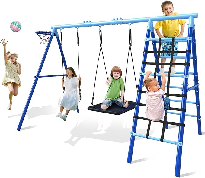 JYGOPLA 5-in-1 Metal Swing Sets for Backyard, Heavy Duty Outdoor Playground for Kids with 43" Platform Swing, Belt Seat, Climbing Rope Ladder, Rigid Ladder & Basketball Hoop
