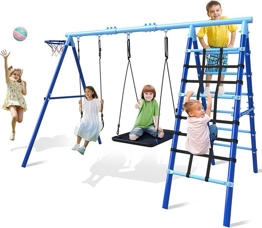 JYGOPLA 5-in-1 Metal Swing Sets for Backyard, Heavy Duty Outdoor Playground for Kids with 43" Platform Swing, Belt Seat, Climbing Rope Ladder, Rigid Ladder & Basketball Hoop
