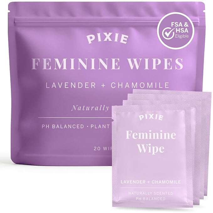 Pixie Menstrual Cup Wipes - Lavender Scented, Flushable, Biodegradable & pH Balanced - Individually Wrapped Wipes for Menstrual Cups & Discs, On-The-Go (20 Count)