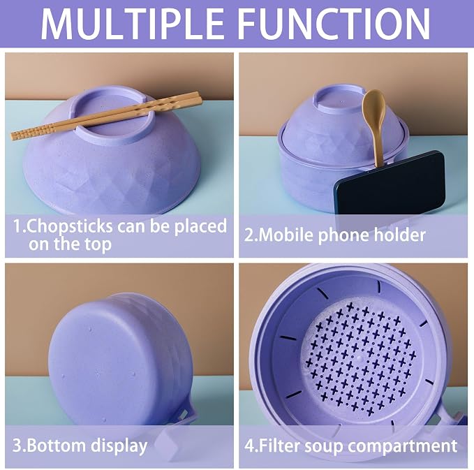 1 Set Microwave Ramen Cooker 40oz Wheat Straw Microwave Noodle Bowl Set with Chopsticks, Spoon, Fork, College Dorm Office Apartment Essentials (Purple)