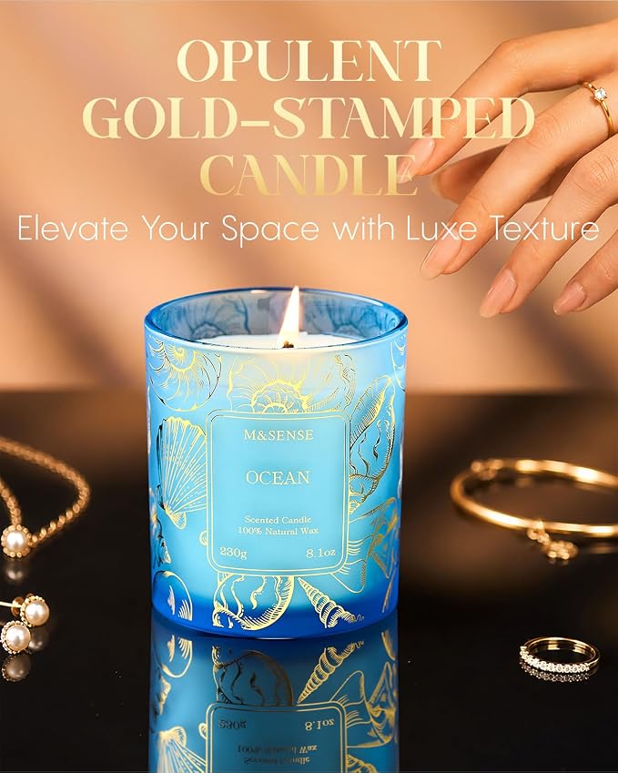 M&SENSE Ocean Soy Candle, 8.1oz Gilded Glass, Summer Fresh Aromatherapy | 42H Slow Burn, Soy Wax, Bathtub Home Fragrance, Non-Toxic, Warmer Lamp Safe