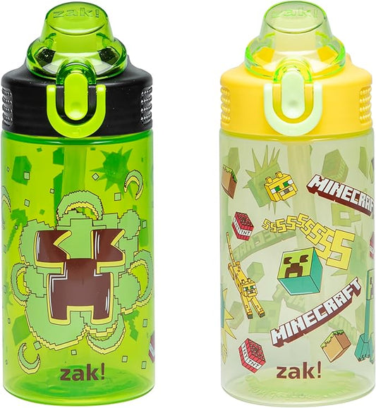 Zak Designs Minecraft Sage Kids Water Bottle For School or Travel, 16oz Durable Plastic Water Bottle With Straw, Handle, and Leak-Proof, Pop-Up Spout Cover, 2-Pack Set (Creeper)