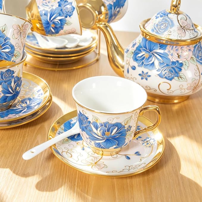 CHANJOON Gold Plated Red Rose Ceramic Tea Set, Vintage Tea Sets with Teapot, Beautiful Tea Set Coffee Serving 6 People (Blue Rose, large)