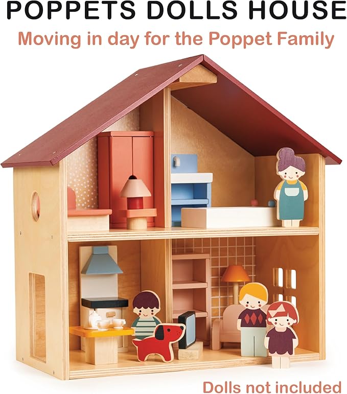 Mentari Toys - Poppets Dollhouse - Fully Furnished Open-Style Wooden Dollhouse with Windows & 4 Rooms - Compact House for Dolls - Great for Imaginative Play, Skill Development & Storytelling - Age 3+