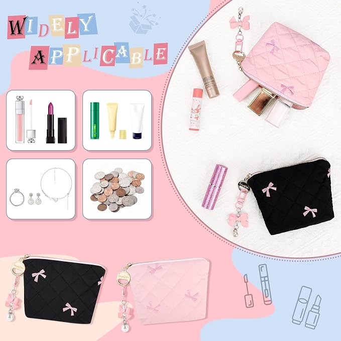 Quilted Mini Makeup Bag, Small Bow Tie Cosmetic Bag for Purse with Keychain, Portable XS Travel Makeup Pouch, Birthday/Wedding/Party/Christmas Gifts (Pink-Pink Bow)