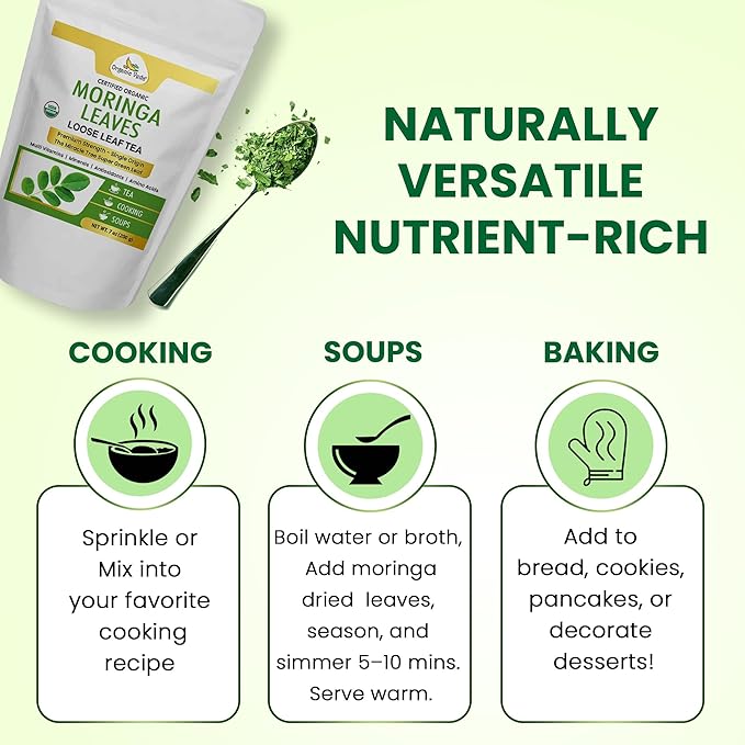 Organic Veda Moringa Tea Leaves - True Green Rich, Premium Single Origin,100% Organic Moringa Oleifera Loose Leaf Tea, Baking, Soup Powder, Caffeine-Free, Vegan, Non-GMO- 7oz