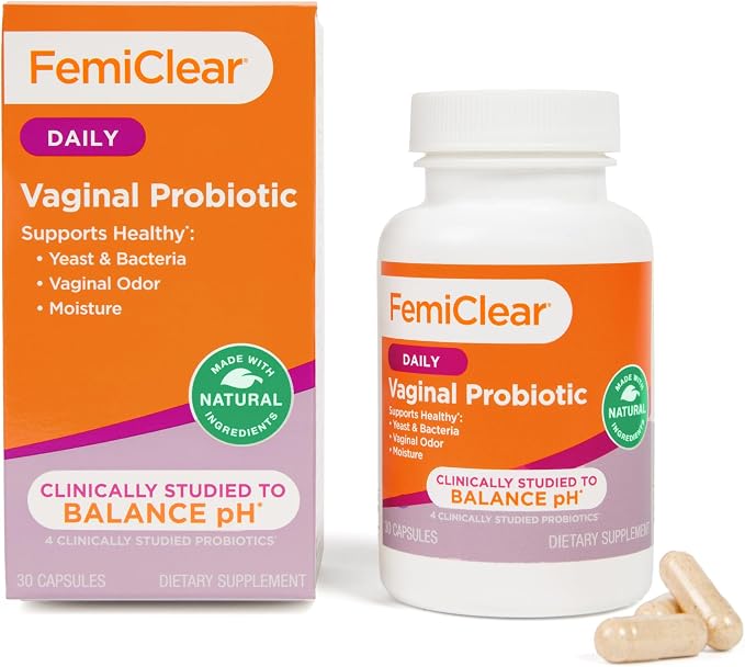 FemiClear Vaginal Probiotics, Delayed-Release Supplement, 30-Day Supply | Daily Women's Probiotic Supplements, Supports Vaginal pH Balance, Healthy Yeast & Moisture, Natural & Organic Ingredients