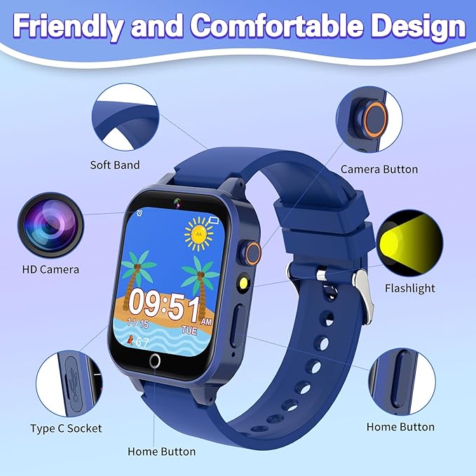 Vakzovy Smart Watch for Kids with 39 Puzzle Games HD Camera MP3 Player Audiobook Video Pedometer Habit Tracking Learn Card Flashlight Kids Smart Watch Boys Gift for 5-12 Year Old Boys Toys