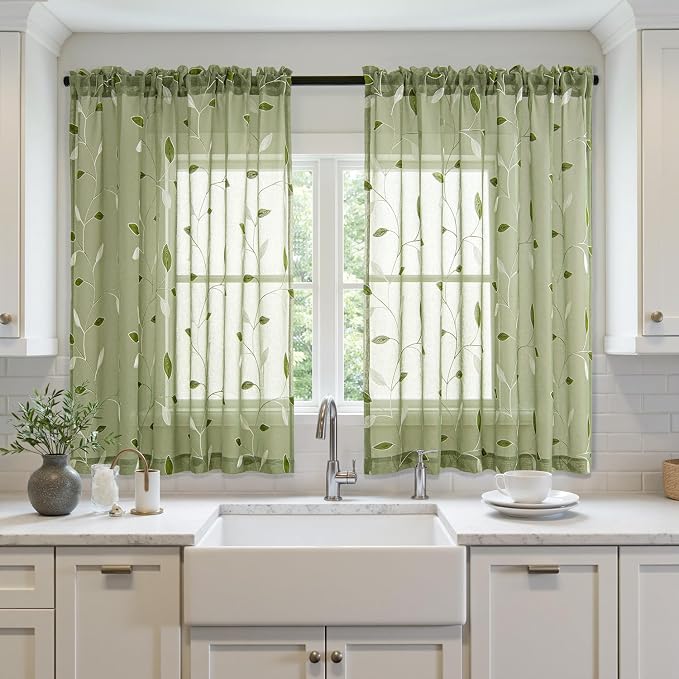 MIULEE Sage Green Sheer Curtains 2 Panels Embroidered Leaf Patterned Rod Pocket Floral Semi Sheer Faux Linen Short Window Curtains Drapes Set for Kitchen Living Room Bedroom, 52x45 Inches Length