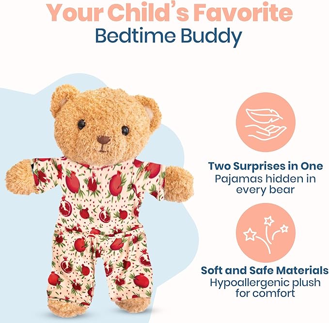 Zip N' Bear Soft Plush Teddy Bear Stuffed Animal with Pomegranate Pajamas - Zippy The Bear Cute Cuddly Plush Toy, Perfect Sensory Teddy for Kids, Toddlers - Adorable Gift & Bedtime Companion