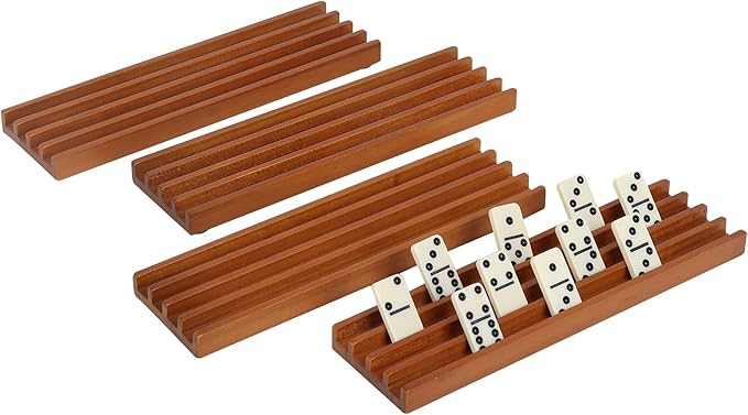 GSE Games & Sports Expert Domino Set of 4 Wooden Domino Trays Holders Organizer - Premium Tiles Holder Racks for Mexican Train, Chicken Foot and Other Games