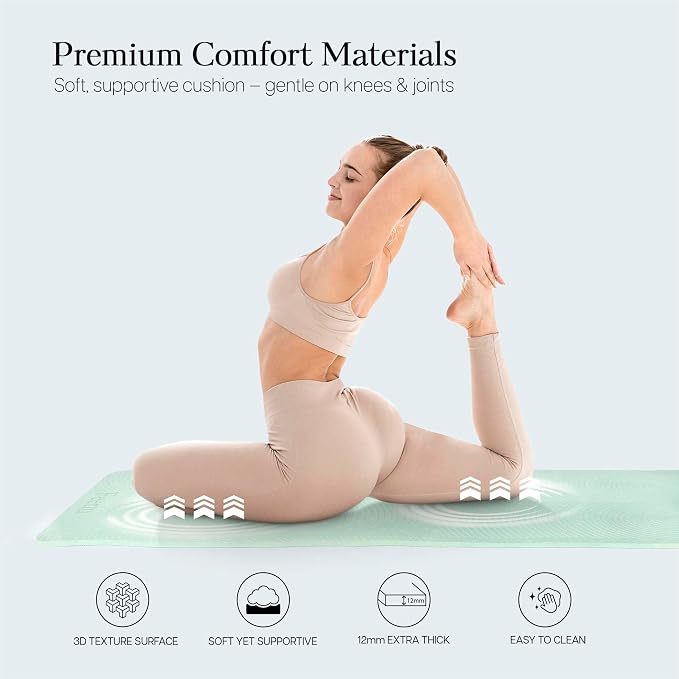 Extra Thick 12mm Exercise Mat – 74"L x 26"W Inch, Non-Slip, Joint-Friendly & Cushioned Fitness Mat for Yoga, Pilates & Floor Workouts – Durable, Supportive & Includes Feetlu Classic Strap