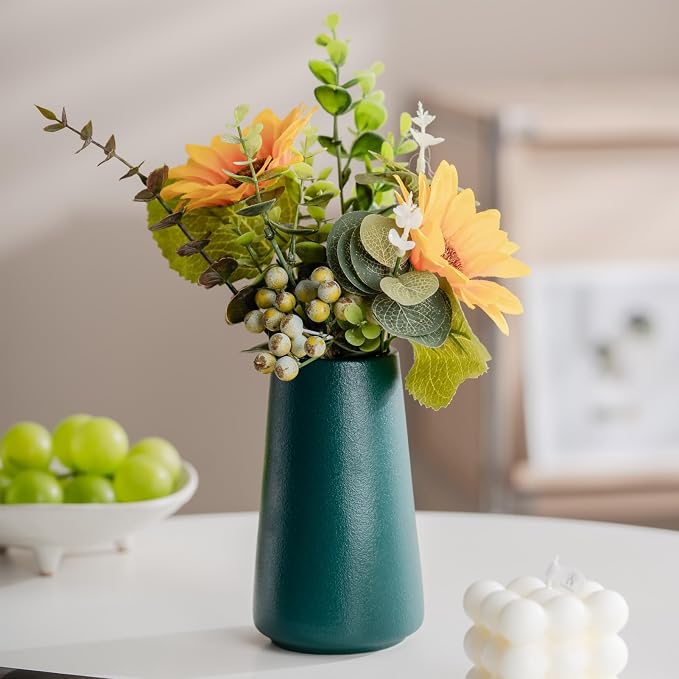 Simple Boho Ceramic Flower Vase for Home Decor (Green,Small) | 6'' Modern Farmhouse Vase for Flower Plant Pampas Grass, Fit for Table Shelf Centerpieces, Living Room Bedroom Wedding Gift