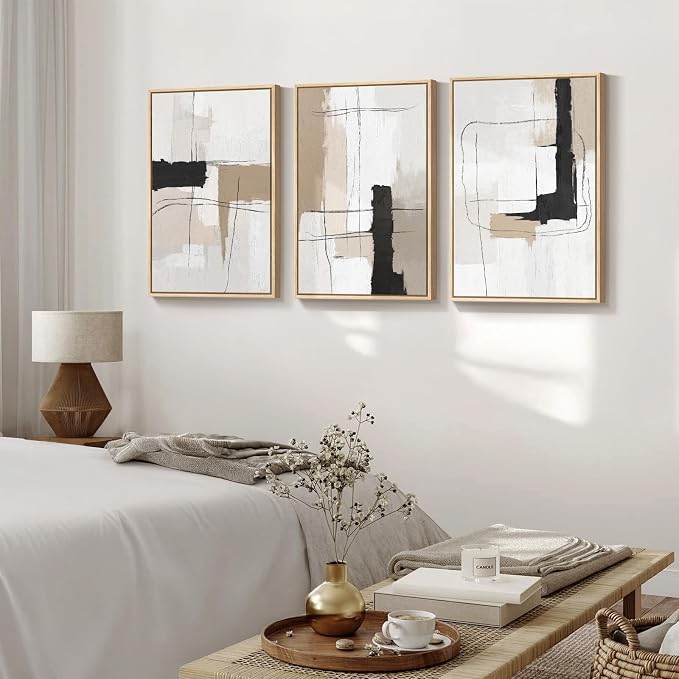 Large Framed Abstract Wall Art, Black and White Beige, 20x30 In, Set of 3 | Neutral modern pictures, Canvas prints, wood frame, Minimalist paintings, Wall decor for Living Room Bedroom Dining Room