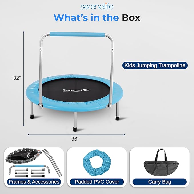 SereneLife 36″ Foldable Mini Trampoline for Kids - Compact Fitness Rebounder with Foam Handle - Safe, Stable Exercise Trampoline with 330lbs Max Load for Indoor/Outdoor Active Play & Exercise